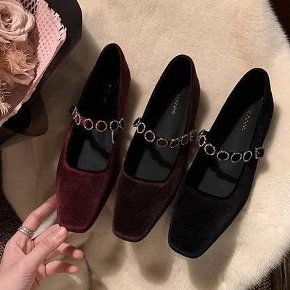 Accent Jane Rhinestone Heel Low Mary Pumps Velvet