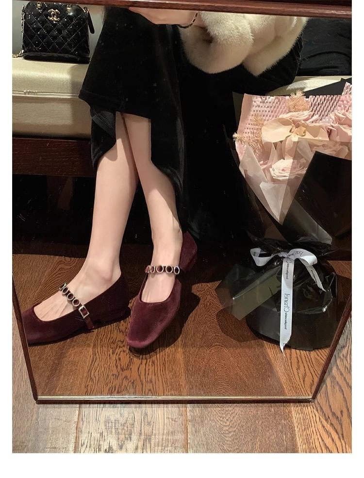 Accent Jane Rhinestone Heel Low Mary Pumps Velvet