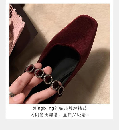 Accent Jane Rhinestone Heel Low Mary Pumps Velvet