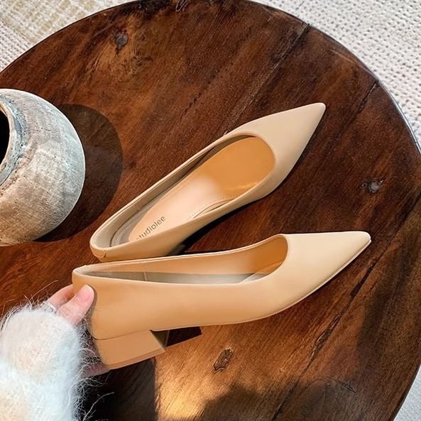 Plain Faux Leather Toe Pumps Chunky Pointed Heel