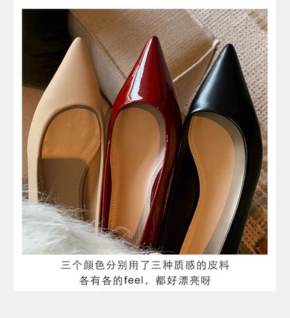 Plain Faux Leather Toe Pumps Chunky Pointed Heel