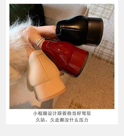 Plain Faux Leather Toe Pumps Chunky Pointed Heel