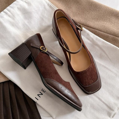 Leather Plain Pumps Faux Panel Jane Square Toe Heel Mary Chunky