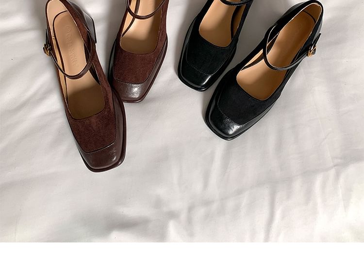 Leather Plain Pumps Faux Panel Jane Square Toe Heel Mary Chunky