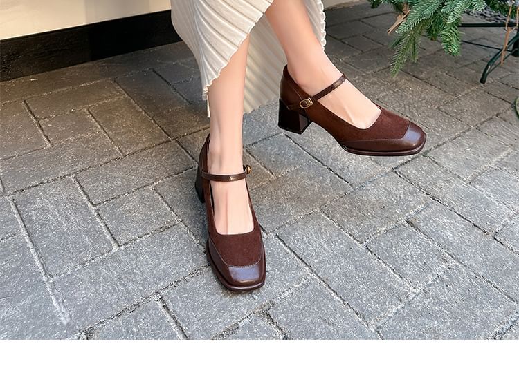 Leather Plain Pumps Faux Panel Jane Square Toe Heel Mary Chunky
