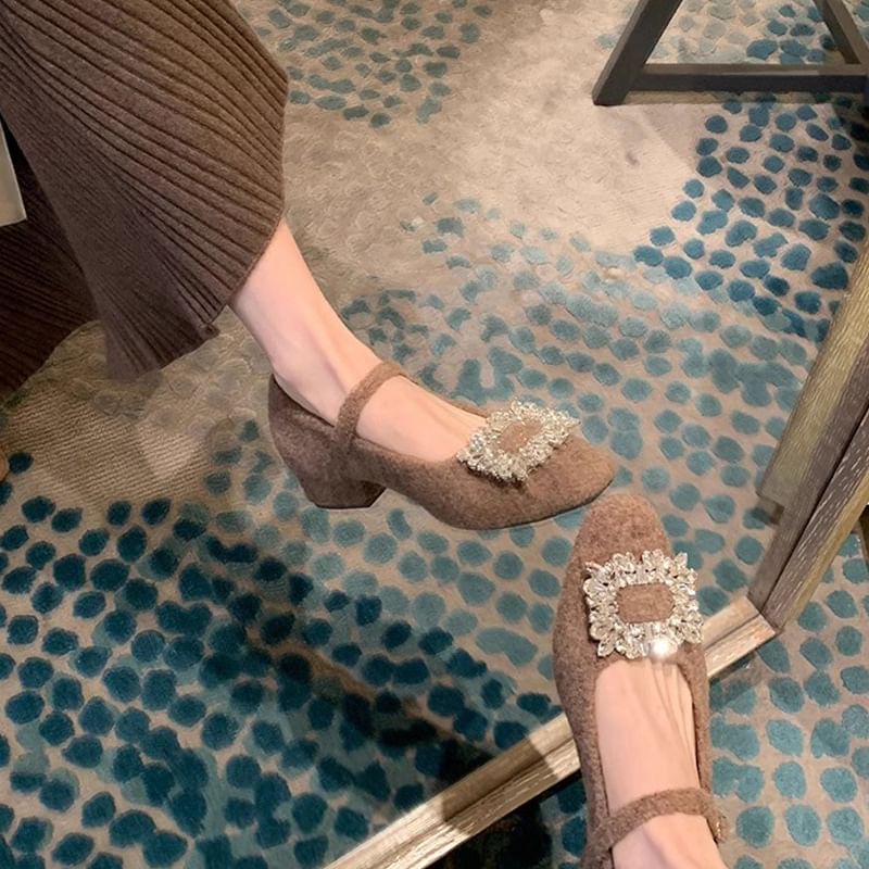 Rhinestone Accent Heel Jane Mary Pumps Chunky