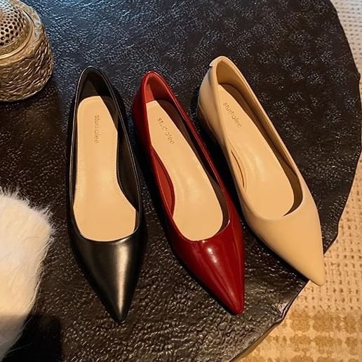Plain Faux Leather Toe Pumps Chunky Pointed Heel