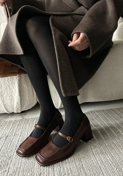 Faux Chunky Plain Heel Pumps Jane Square Toe Leather Mary