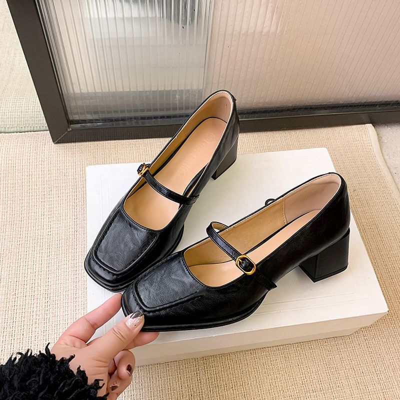 Faux Chunky Plain Heel Pumps Jane Square Toe Leather Mary