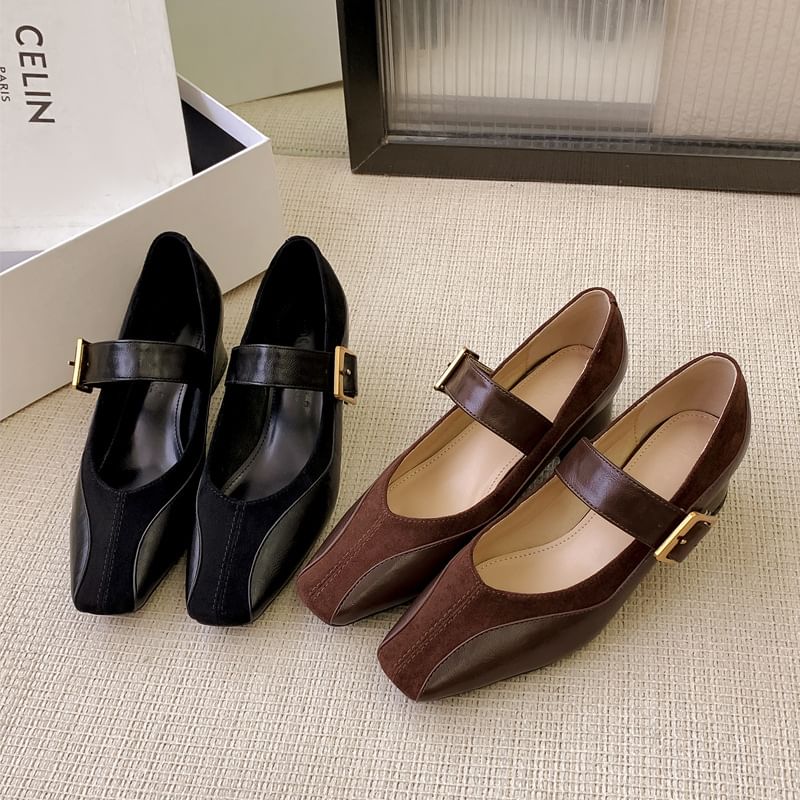 Buckled Panel Mary Pumps Jane Faux Chunky Plain Heel Leather