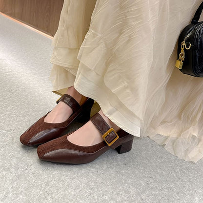 Buckled Panel Mary Pumps Jane Faux Chunky Plain Heel Leather