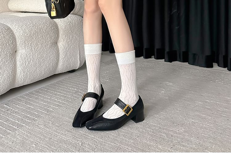 Buckled Panel Mary Pumps Jane Faux Chunky Plain Heel Leather