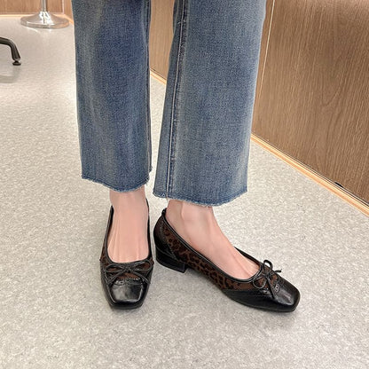 Pumps Brogue Heel Accent Panel Print Bow Leopard Low Faux Leather