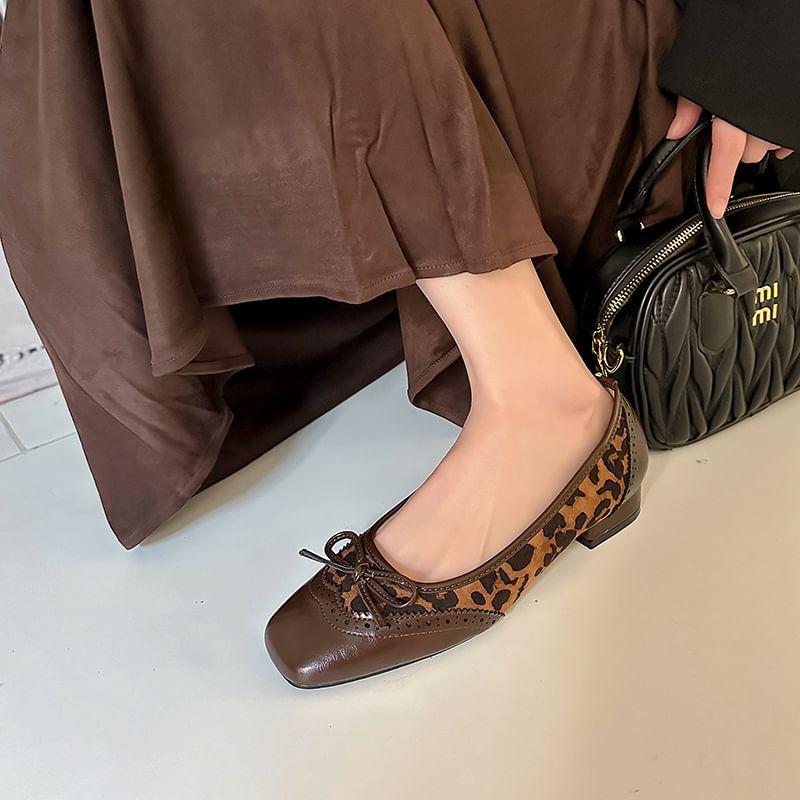 Pumps Brogue Heel Accent Panel Print Bow Leopard Low Faux Leather