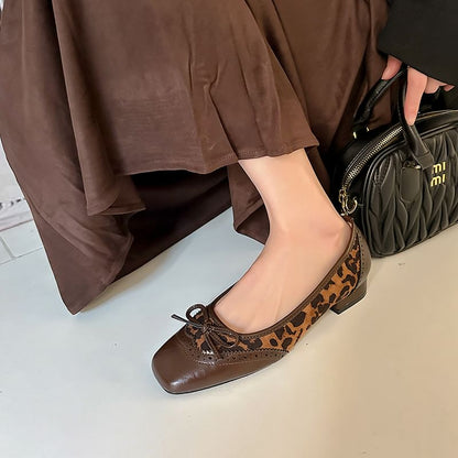 Pumps Brogue Heel Accent Panel Print Bow Leopard Low Faux Leather