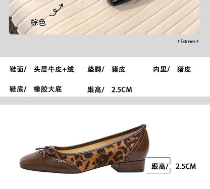 Pumps Brogue Heel Accent Panel Print Bow Leopard Low Faux Leather
