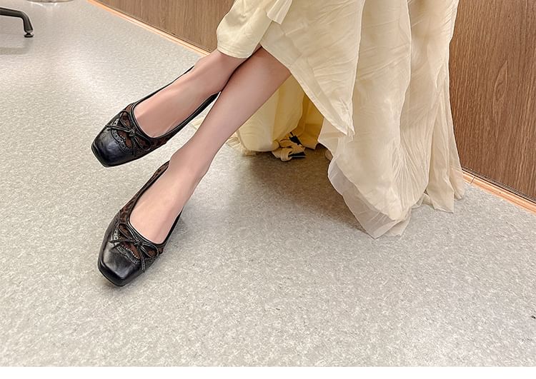 Pumps Brogue Heel Accent Panel Print Bow Leopard Low Faux Leather