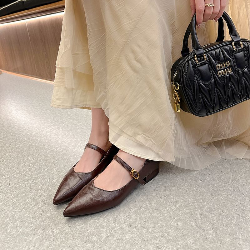 Heel Mary Leather Faux Buckled Pointed Pumps Plain Jane Toe Low