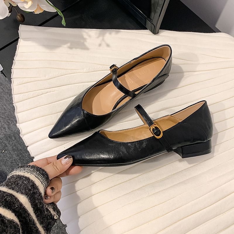 Heel Mary Leather Faux Buckled Pointed Pumps Plain Jane Toe Low