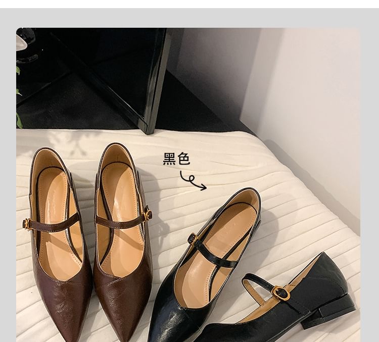 Heel Mary Leather Faux Buckled Pointed Pumps Plain Jane Toe Low