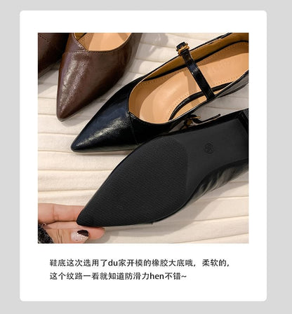 Heel Mary Leather Faux Buckled Pointed Pumps Plain Jane Toe Low
