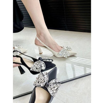 Pointed Rhinestone Bow Toe Pumps Slingback