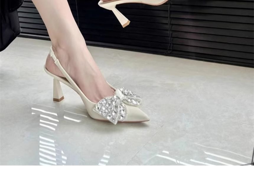 Pointed Rhinestone Bow Toe Pumps Slingback