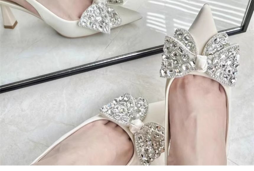 Pointed Rhinestone Bow Toe Pumps Slingback