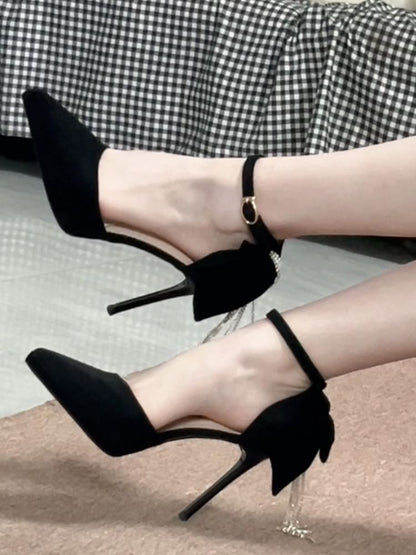 Platform Rhinestone Ankle Strap Toe Pointed Velvet Bow Fringe