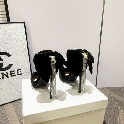 Platform Rhinestone Ankle Strap Toe Pointed Velvet Bow Fringe