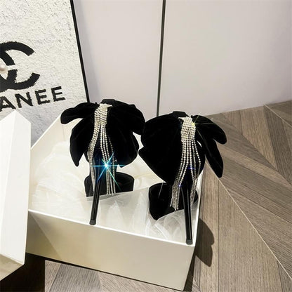 Platform Rhinestone Ankle Strap Toe Pointed Velvet Bow Fringe