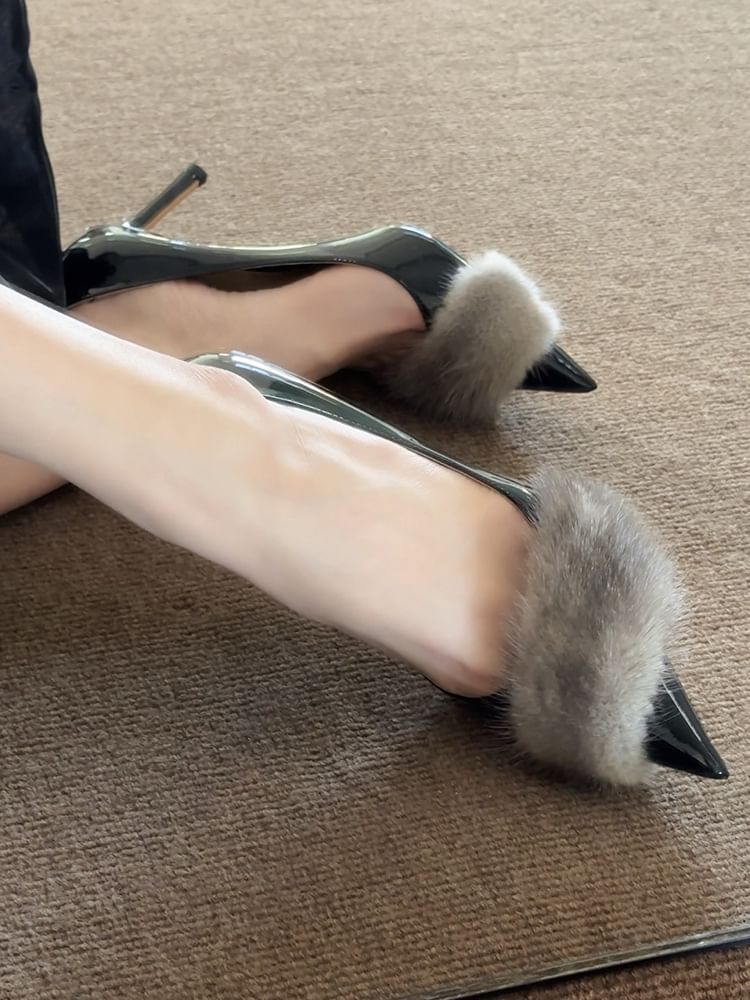 Pointed Patent Fur Stiletto Toe Pumps Panel Leather Faux
