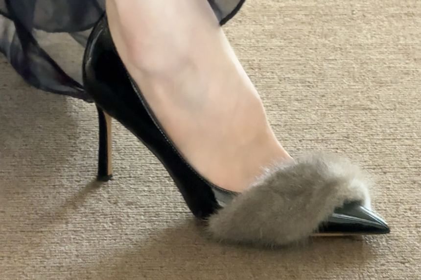 Pointed Patent Fur Stiletto Toe Pumps Panel Leather Faux