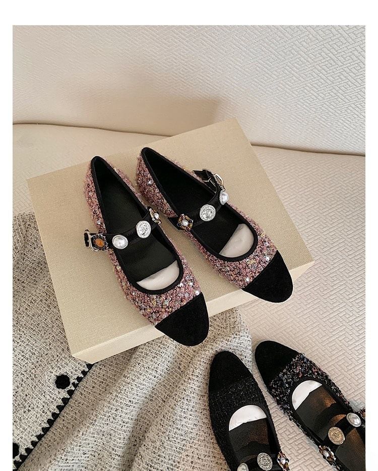 Flats Mary Tweed Pearl Cap Toe Faux Jane
