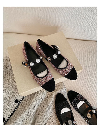 Flats Mary Tweed Pearl Cap Toe Faux Jane