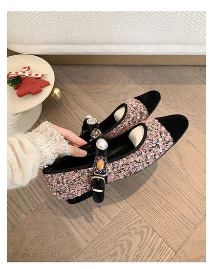 Flats Mary Tweed Pearl Cap Toe Faux Jane