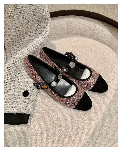 Flats Mary Tweed Pearl Cap Toe Faux Jane