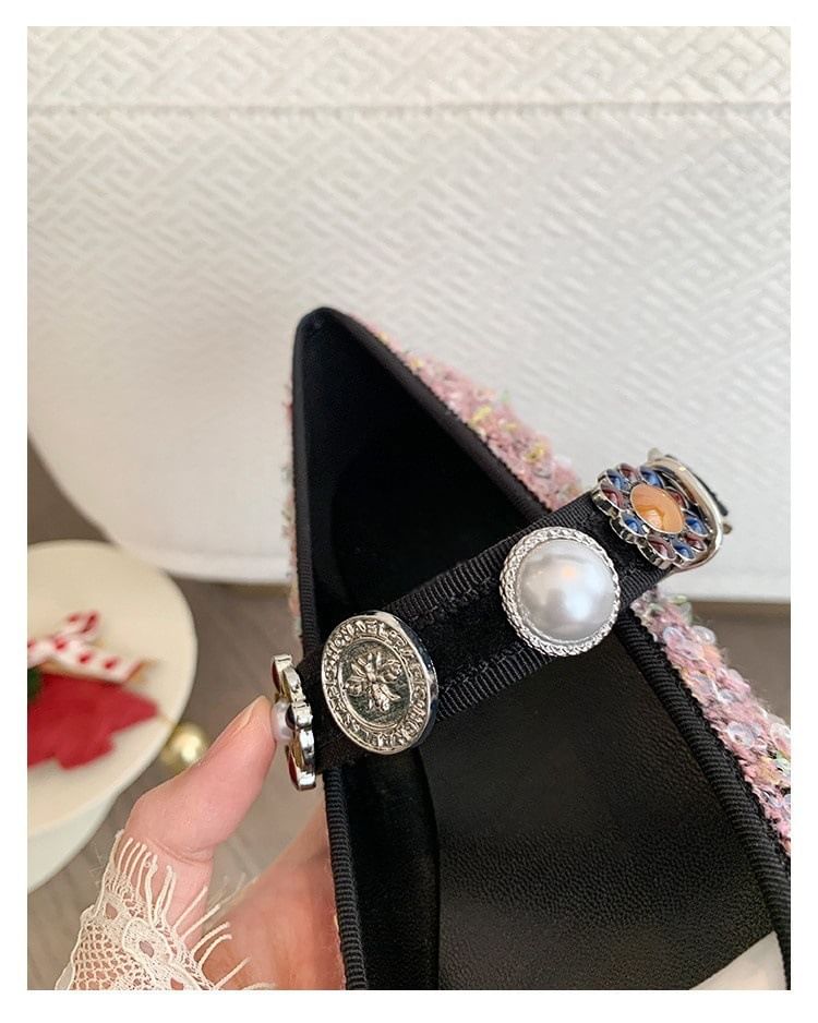 Flats Mary Tweed Pearl Cap Toe Faux Jane