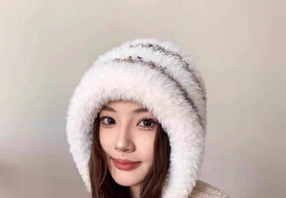 Fluffy Knit Trapper Hat Striped