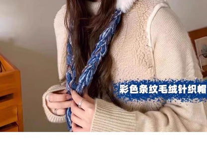 Fluffy Knit Trapper Hat Striped