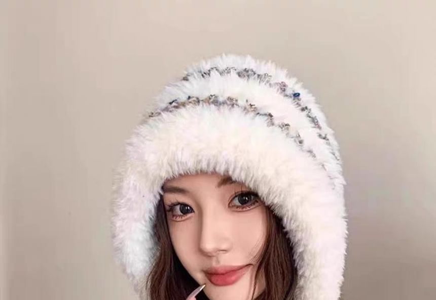 Fluffy Knit Trapper Hat Striped