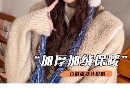 Fluffy Knit Trapper Hat Striped