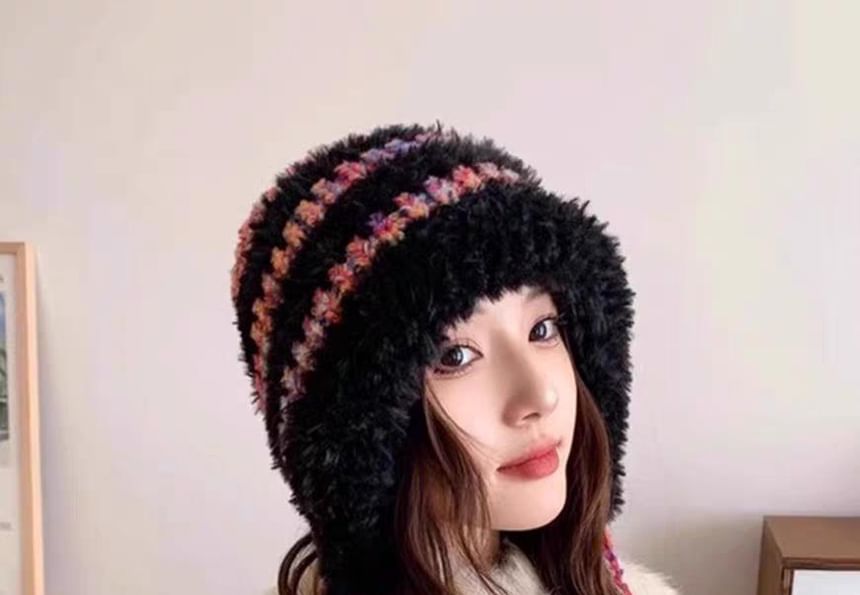 Fluffy Knit Trapper Hat Striped