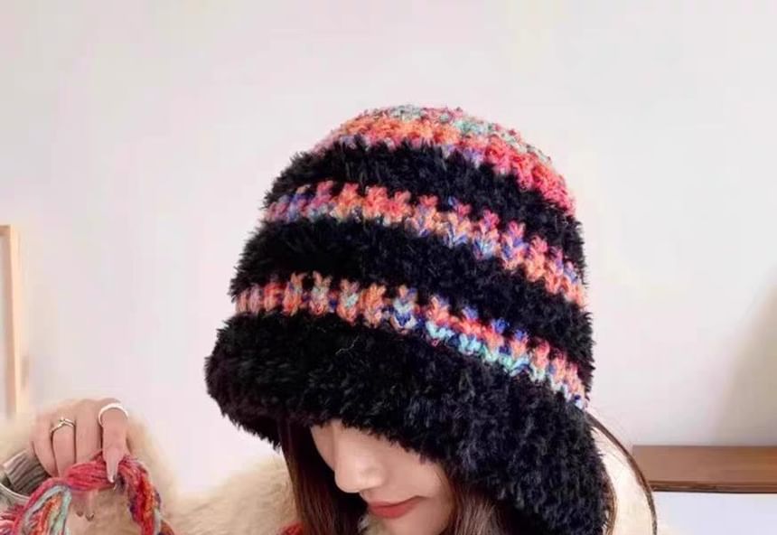 Fluffy Knit Trapper Hat Striped