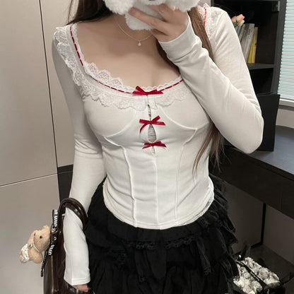 Square Lace Trim Neck Top Long-Sleeve