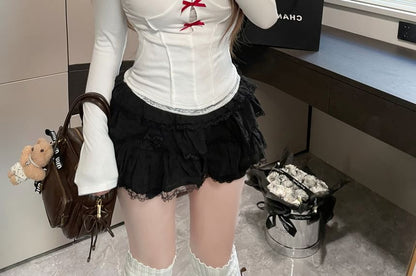 Square Lace Trim Neck Top Long-Sleeve