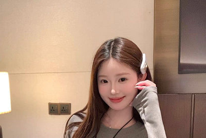 Plain Ruffle Crewneck Top Long-Sleeve