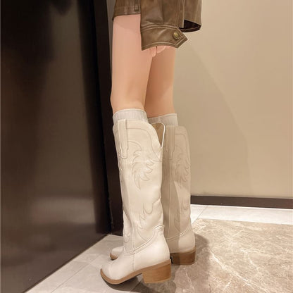 Cowboy Heel Boots Faux Chunky Leather