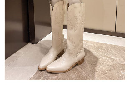 Cowboy Heel Boots Faux Chunky Leather