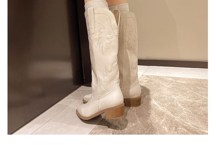 Cowboy Heel Boots Faux Chunky Leather